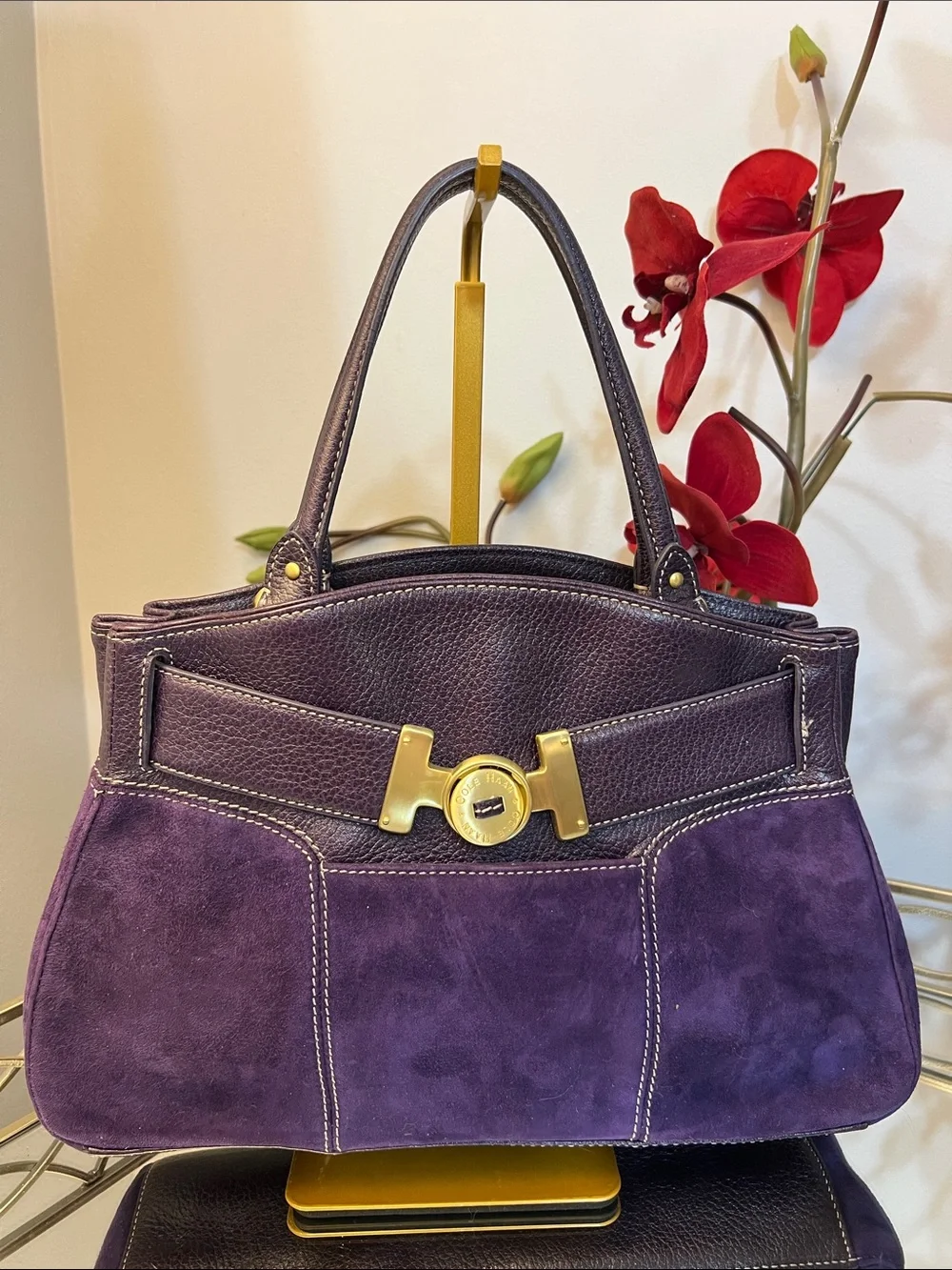 Cole Haan Purple Y2K Suede & Leather Top Handle Satchel with Gold Hardware
